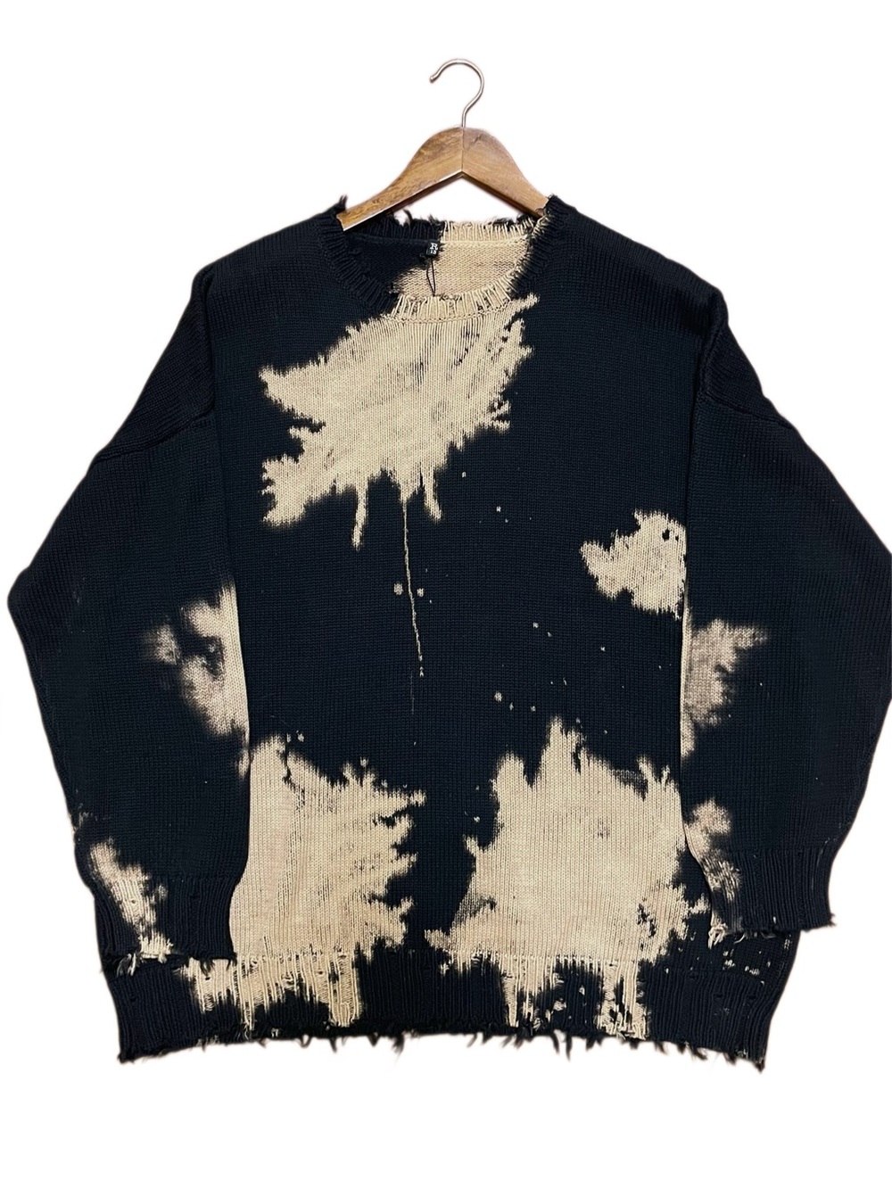 R13 Men’s Black & Cream Distressed Tie-Dye Crewneck Sweater